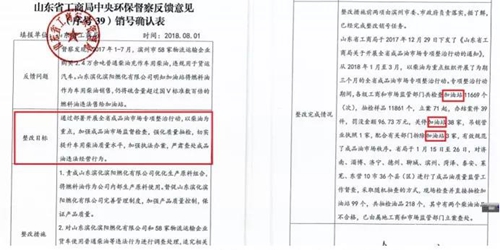 2018年11月1日，中央第三生態(tài)環(huán)境保護督察組進駐山東省開展&ldquo;回頭看&rdquo;。通過對相關(guān)部門走訪問詢，并抽查有關(guān)企業(yè)，發(fā)現(xiàn)山東省物流運輸企業(yè)違規(guī)使用普通柴油或其他高硫分燃油問題依然十分突出，柴油貨車尾氣污染嚴重。  一、基本情況  《大氣污染防治法》明確，禁止向汽車和摩托車銷售普通柴油以及其他非機動車用燃料。第一輪中央環(huán)保督察反饋指出，山東省以普通柴油替代車用柴油的情況較多，濱州等地市大量物流運輸企業(yè)違規(guī)使用普通柴油，尾氣污染問題突出。  為此，山東省整改方案要求，杜絕違規(guī)使用普通柴油的情況，并明確由原省工商局負責部署推進相應(yīng)整改工作。原省工商局于2018年8月1日上報山東省環(huán)境保護督察反饋意見整改工作領(lǐng)導小組，聲稱該問題完成整改并銷號。  二、主要問題  督察發(fā)現(xiàn)，原山東省工商局作為整改責任主體沒有認真履行整改職責，未就整改工作進行部署推進，整改任務(wù)目標完全落空，全省物流運輸企業(yè)違規(guī)使用普通柴油或高硫分燃油問題依然普遍存在。  （一）違規(guī)售油無人管。督察組抽查3個地市的4家煉化公司，發(fā)現(xiàn)這些煉化公司違規(guī)大量向物流運輸企業(yè)銷售普通柴油或其他高硫分燃油，導致這些柴油大量替代車用柴油使用，污染嚴重。2018年，東營齊潤化工有限公司將3萬余噸硫含量近2000mg/kg的常壓柴油售給物流運輸企業(yè)和加油站，墾利石化有限公司也將3萬余噸硫含量2000-3000mg/kg的燃油售給相關(guān)物流運輸企業(yè)和加油站，硫含量最高超標約300倍。2017年中央環(huán)保督察以來，山東匯豐石化集團有限公司將近40萬噸普通柴油銷往多家物流運輸企業(yè)，濰坊市昌邑石化有限公司將5萬余噸國Ⅳ和國Ⅴ的普通柴油售給物流運輸企業(yè)。現(xiàn)場抽查發(fā)現(xiàn)，物流運輸企業(yè)多數(shù)在自身停車場內(nèi)私自安裝加油裝置，將所購違規(guī)油品自用，昌邑市盛宏物流有限公司甚至違法轉(zhuǎn)售其他社會車輛。   圖1 昌邑市盛宏物流有限公司在停車場內(nèi)私設(shè)加油裝置  （二）督察整改做樣子。原省工商局作為督察整改的責任主體，接受任務(wù)時服從安排，實際整改時做做樣子。督察反饋明確指出問題主要是煉化公司違法向物流運輸企業(yè)銷售普通柴油替代車用柴油使用，導致汽車尾氣污染。但原省工商局等部門整改時僅部署對加油站和成品油倉儲批發(fā)企業(yè)的檢查，沒有將煉化公司到物流運輸企業(yè)的黑色鏈條作為查處對象。整改工作指東打西，真正問題沒有觸及。另外，整改方案明確的目標是&ldquo;強化日常監(jiān)督管理，杜絕違規(guī)使用普通柴油&rdquo;；但原省工商局擅自在銷號材料中將目標改為&ldquo;針對加油站開展專項整治行動&rdquo;，以此蒙混過關(guān)，虛假銷號。   圖2 原省工商局在銷號確認表上弄虛作假  （三）執(zhí)法監(jiān)管走過場。2017年以來，山東省各市共打擊取締非法加油點近2000家，但僅對涉案物流運輸企業(yè)進行了處罰，未能以此為線索追根溯源，對源頭煉化公司違規(guī)售油問題進行查處，煉化企業(yè)到物流運輸企業(yè)的黑色鏈條始終未被斬斷。  一些煉化企業(yè)長期游離于監(jiān)管之外，缺乏對法律的敬畏。2018年8月，生態(tài)環(huán)境部調(diào)研發(fā)現(xiàn)中國化工集團山東昌邑石化有限公司涉嫌違法生產(chǎn)銷售國Ⅳ普通柴油，但在進一步調(diào)查時，企業(yè)拒絕配合，不提供相關(guān)臺賬，并臨時編造相關(guān)記錄。&ldquo;回頭看&rdquo;進駐后，督察組再次現(xiàn)場檢查，要求企業(yè)提供儲運臺賬，企業(yè)依然拒絕提供，并繼續(xù)編造謊言，提供虛假材料，性質(zhì)十分惡劣。  對此，濰坊市查處不嚴不實，甚至試圖蒙混過關(guān)。在督察組兩次督導后，查處工作依然走過場，在未調(diào)度企業(yè)生產(chǎn)記錄和儲運臺賬等關(guān)鍵證據(jù)的情況下，即采信企業(yè)說法，甚至未調(diào)閱生產(chǎn)記錄就作出該企業(yè)2018年未生產(chǎn)銷售國Ⅳ普通柴油的結(jié)論。直到督察組再次督導、進一步明確要求后才加大查處力度，發(fā)現(xiàn)該企業(yè)2018年實際以燃料油名義違規(guī)銷售國Ⅳ普通柴油4萬多噸。  三、原因分析  原山東省工商局不在整改落實中下功夫，反而在整改銷號上動腦筋，表面整改，虛假整改問題突出。  山東省有關(guān)地市不敢動真碰硬，對違法銷售不合格油品的黑色鏈條整治不力，未能對油品來源追根溯源，未對煉化企業(yè)的違法行為依法查處。